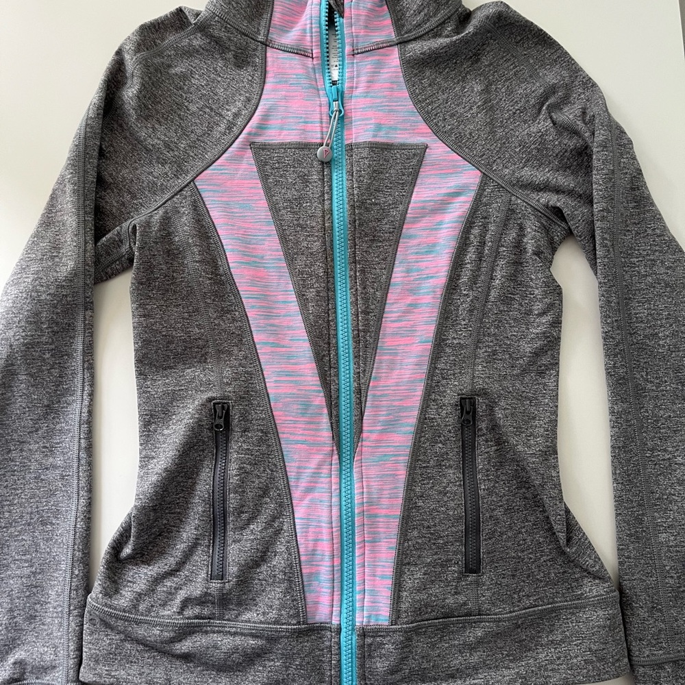 Grey Ivivva Perfect Your Practice Zip Up Jacket with pink and blue design